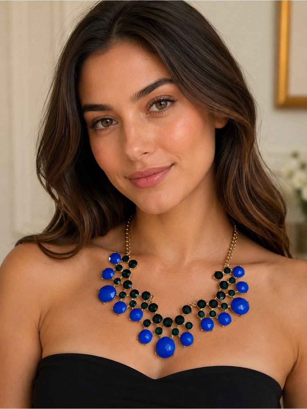 Talbots Gold Chain Statement Necklace with Royal Blue and Emerald Stones Signed - Picture 2 of 4